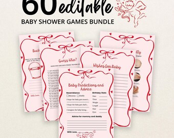 May include: A bundle of 60 editable baby shower game cards featuring a light pink background with red decorative borders, bows, and cupid illustrations. The text includes titles like Baby Predictions and Advice, Guess Who, and Wishes for Baby.