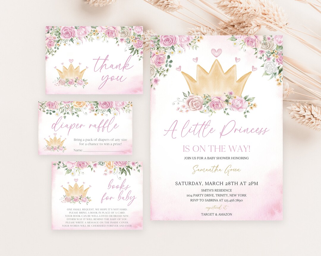 Editable Little Princess Baby Shower Invitation Bundle, Floral Princess ...