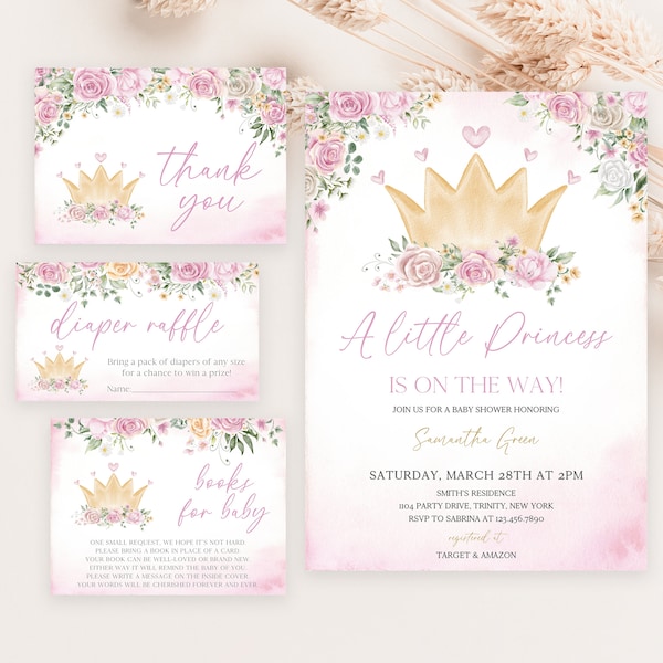 Editable Little Princess Baby Shower Invitation Bundle, Floral Princess Baby Shower Invite, Princess Crown Baby Shower Template, BBS721