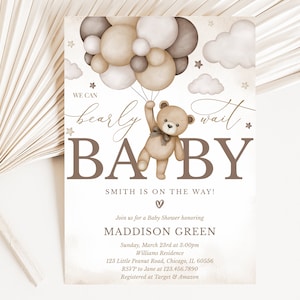 Editable Gender Neutral Bear Baby Shower Invitation, We Can Bearly Wait Baby Shower Invite, Brown Boho Bear Baby Shower, Neutral Bear BBS391