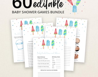 Può includere: Un set di 60 schede di gioco modificabili per baby shower con illustrazioni ad acquerello di ghiaccioli e coriandoli colorati. Ogni scheda include testo stampato per varie attività, come previsioni sul bambino, consigli e giochi.