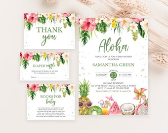 May include: Tropical themed baby shower invitation with green and pink floral accents. The invitation says "Aloha" and includes the date, time, and location of the event. It also includes the name of the guest of honor, Samantha Green, and the text "Registered at Target & Amazon".
