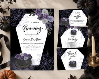 Editable Purple Girl Gothic Halloween Baby Shower Invitation Bundle, Baby is Brewing Vintage Roses Baby Shower, Coffin-shaped Invite,BBS783