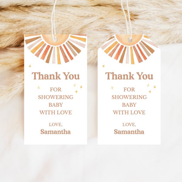 Editable Gender Neutral Sunshine Baby Shower Favor Tag, Here Comes the Sun Baby Shower Thank You Tag, Boho Sunshine Party Favors, BBS737