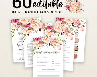 Anpassbares rustikales Babyparty-Spielpaket mit Blumenmuster, Babyparty-Spiele für Mädchen mit Blumenmuster, rustikales Boho-Babyparty-Spielpaket mit Blumenmuster, Vorhersage-Tipps BBS257