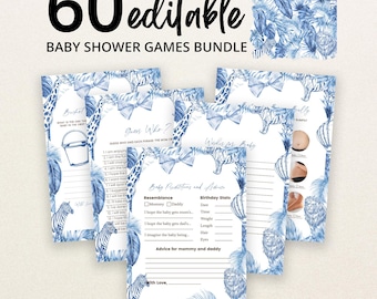 Könnte beinhalten: Ein Set aus 60 bearbeitbaren Babyparty-Spielkarten mit einem blau-weißen Dschungeltier-Muster, das Giraffen, Zebras und Löwen zeigt. Der Text lautet 60 editable BABY SHOWER GAMES BUNDLE, Guess Who, Wishes for Baby sowie Baby Predictions and Advice.