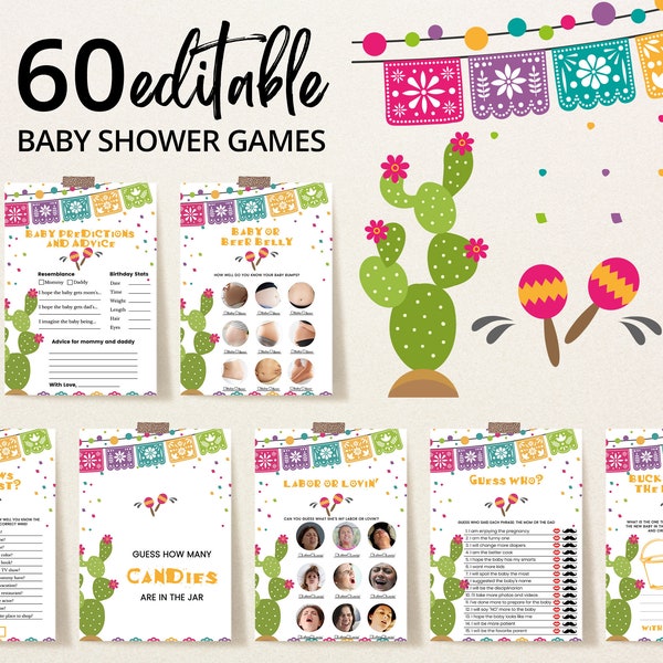 Editable Fiesta Baby Shower Game Bundle, Cactus Baby Shower Game Pack, Mexican Boho Fiesta Baby Shower Games, Cactus Fiesta BBS203