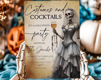 Editable Costumes and Cocktails Halloween Birthday Invitation, Adult Halloween Party Invite, Skeleton Halloween Mobile Invite, SNL681