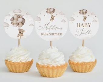 Editable Gender Neutral Bear Baby Shower Cupcake Topper, We Can Bearly Wait Baby Shower Cake Topper, Brown Boho Bear Decor, BBS391