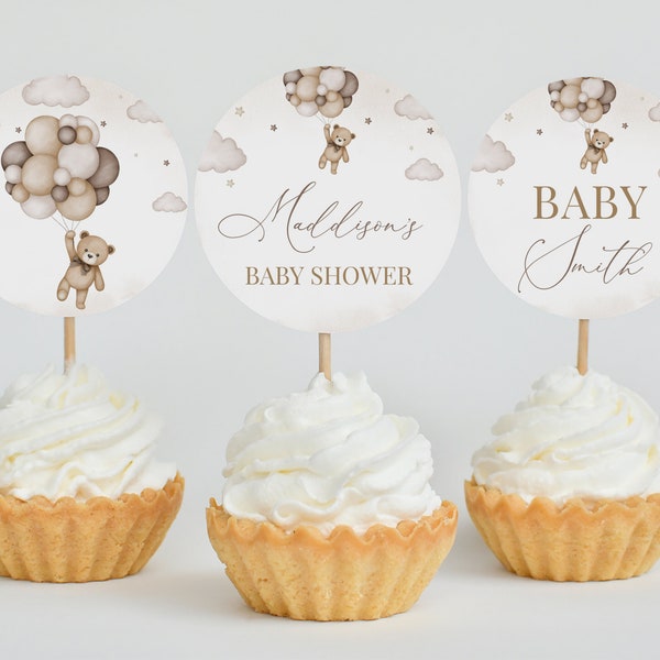 Bearbeitbare geschlechtsneutrale Bär Baby-Dusche-Cupcake-Deckel, wir können Bärtig warten Baby-Dusche-Kuchen-Dekoration, brauner Boho-Bär-Dekor, BBS391