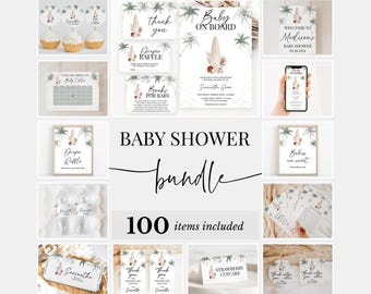 Paquete editable de baby shower de género neutro con tema "Bebé a bordo", paquete de invitaciones con tema de tabla de surf, paquete de juegos de verano para baby shower de surf, BBS663