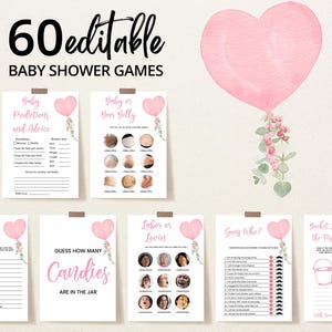 Pacchetto di giochi modificabili per baby shower di San Valentino, pacchetto di giochi per baby shower A Little Sweetheart, giochi per baby shower con palloncini a forma di cuore rosa, BBS358