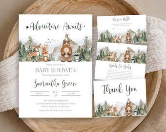 May include: A baby shower invitation set featuring a woodland theme with watercolor illustrations of a bear, deer, fox, owl, and raccoon in a forest. The text includes Adventure Awaits, Baby Shower, Samantha Green, Diaper Raffle, Books for Baby, and Thank You.