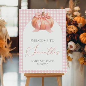 Editable Pink Bow Pumpkin Baby Shower Welcome Sign, Fall Little Pumpkin Baby Shower Poster, Girl Coquette Pink Pumpkin Decor, BBS1133