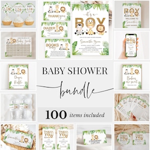 Editable It&#39;s a Boy Safari Jungle Baby Shower Bundle, Safari Jungle Shower Invitation Pack, Greenery Safari Animals Game Package, BBS729