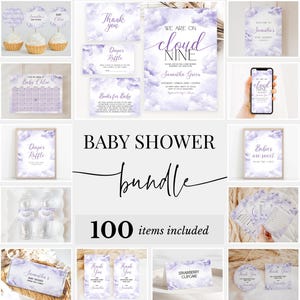Editable On Cloud 9 Baby Shower Bundle, Purple Cloud Nine Baby Shower Invitation Pack, Girl We&#39;re on Cloud Nine Shower Game Package, BBS1043