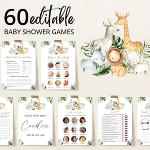 Paquete editable de juegos de baby shower Safari Jungle, paquete de juegos de baby shower A Little Wild One, juegos de baby shower Greenery Safari Animals, BBS726