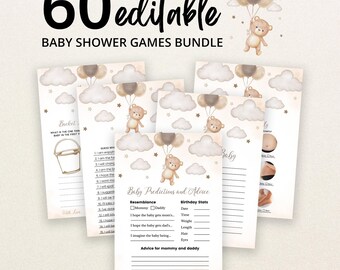 Op de afbeelding: Een bundel van 60 bewerkbare babyshower-spelkaarten met een aquarel teddybeer die ballonnen, wolken en sterren vasthoudt. De kaarten bevatten tekst voor babypredicties, advies en verlanglijstjes met lijnen om antwoorden op te schrijven.