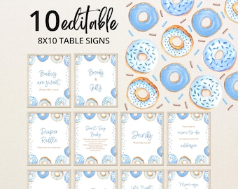 May include: Ten editable 8x10 inch table signs featuring a blue and white donut pattern with sprinkles. The signs include text such as "Babies are sweet", "Books & Gifts", "Diaper Raffle", "Don't Say Baby", "Drinks", "Mom-to-be Addresses", "Late Night", and "Mom-oza".