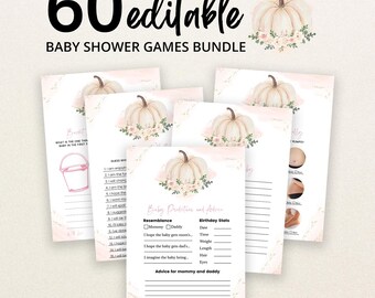 Edytowalny zestaw gier na baby shower z różowo-złotą dynią dla dziewczynek, zestaw gier na baby shower z różowo-kwiatową dynią, białe gry z dyniami, BBS802