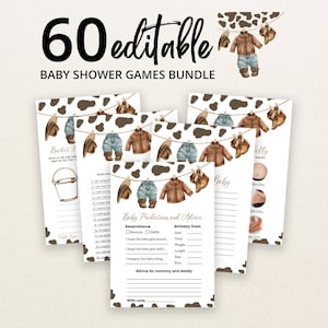 May include: A bundle of 60 editable baby shower game cards featuring a brown and white cow print border and watercolor illustrations of baby clothes hanging on a clothesline, including hats, denim pants, brown jackets, and small boots.