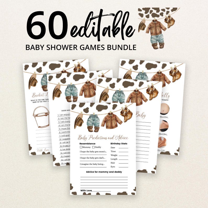 May include: A bundle of 60 editable baby shower game cards featuring a brown and white cow print border and watercolor illustrations of baby clothes hanging on a clothesline, including hats, denim pants, brown jackets, and small boots.