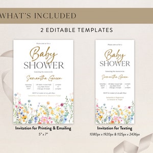 Puede incluir: Dos plantillas de invitaci&oacute;n para baby shower. Una es una invitaci&oacute;n de 12,7 cm x 17,8 cm para imprimir y enviar por correo electr&oacute;nico, y la otra es para enviar mensajes de texto. Ambas tienen un dise&ntilde;o floral en la parte inferior y texto dorado que dice "Baby Shower".