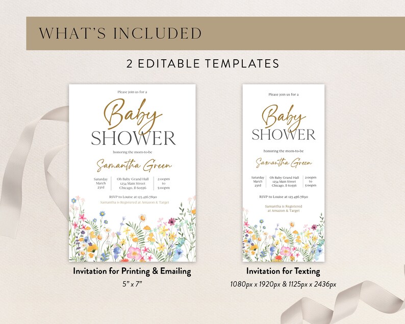 Puede incluir: Dos plantillas de invitaci&oacute;n para baby shower. Una es una invitaci&oacute;n de 12,7 cm x 17,8 cm para imprimir y enviar por correo electr&oacute;nico, y la otra es para enviar mensajes de texto. Ambas tienen un dise&ntilde;o floral en la parte inferior y texto dorado que dice "Baby Shower".