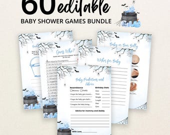 May include: A bundle of 60 editable baby shower game cards featuring a Halloween theme with black spiderwebs, bats, and blue cauldrons. The cards include titles like Guess Who, Wishes for Baby, and Baby Predictions and Advice with blank lines.