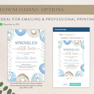 May include: A blue and white baby shower invitation with a donut theme. The invitation says "Sprinkled with love" and includes the name "Samantha Green".