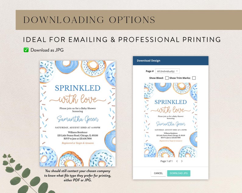 May include: A blue and white baby shower invitation with a donut theme. The invitation says "Sprinkled with love" and includes the name "Samantha Green".