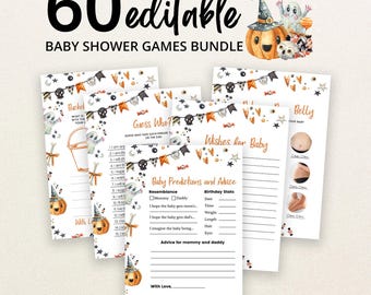 May include: A bundle of 60 editable baby shower game cards featuring a Halloween theme with watercolor illustrations of ghosts, pumpkins, skulls, and bunting. The cards include titles like Guess Who, Wishes for Baby, and Baby Predictions and Advice.