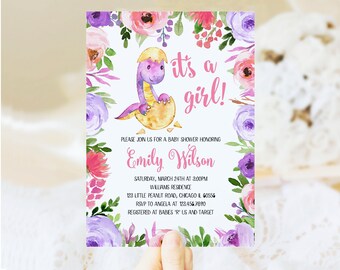 Editable Girl Dinosaur Baby Shower Invitation, Purple and Pink Floral Dinosaur Baby Shower Invite, Floral Dinosaur Baby Shower, BBS137