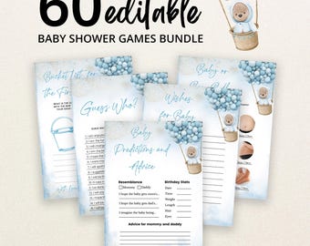 Peut inclure: Un lot de 60 cartes de jeux de fête prénatale modifiables avec un thème aquarelle bleu clair et des illustrations d'un ours en peluche dans une montgolfière. Les cartes incluent des titres comme Baby Predictions and Advice et Guess Who.