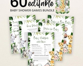 Bewerkbare bundel met spelletjes voor een babyshower met groene safari- en junglethema, Wild One babyshower spelletjespakket, Groene safari- en dierenbabyshower spelletjes, BBS339