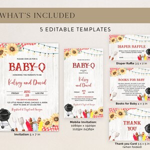 May include: A set of 5 printable baby shower templates featuring a rustic wood background with sunflowers, red and white gingham, and a barbecue theme. The templates include an invitation, a diaper raffle card, a books for baby card, a mobile invitation, and a thank you card. The text on the invitation reads "Please join us for a Baby-Q honoring the parents-to-be Kelsey and David".