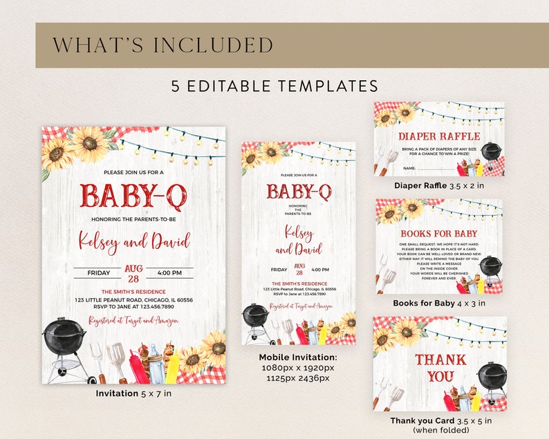 May include: A set of 5 printable baby shower templates featuring a rustic wood background with sunflowers, red and white gingham, and a barbecue theme. The templates include an invitation, a diaper raffle card, a books for baby card, a mobile invitation, and a thank you card. The text on the invitation reads "Please join us for a Baby-Q honoring the parents-to-be Kelsey and David".