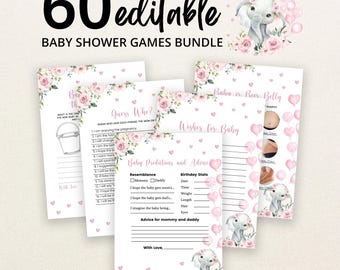 May include: A bundle of 60 editable baby shower game cards featuring pink floral accents, heart patterns, and watercolor elephant illustrations. The cards include titles such as Guess Who, Wishes for Baby, and Baby Predictions and Advice.