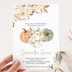 Editable Boho Pumpkin Baby Shower Invitation, Fall Floral Pumpkin Baby Shower Invitation, Rustic Pumpkin Baby Shower Invitation, BBS279
