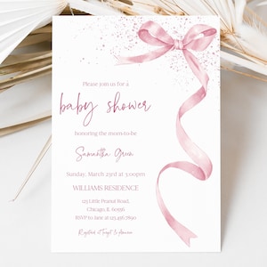Editable Pink Baby Shower Invitation, Pink Bow Girl Baby Shower Invite, Pink Girl Ribbon Minimalist Baby Shower Invitation, BBS863