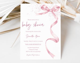 May include: A pink baby shower invitation with a pink bow and confetti. The invitation reads "Please join us for a baby shower honoring the mom-to-be Samantha Green. Sunday, March 23rd at 3:00pm WILLIAMS RESIDENCE 123 Little Peanut Road Chicago, IL 60556 RSVP to Jane at 123.456.7890 Registered at Target & Amazon"