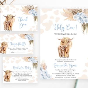 Pacchetto di inviti per baby shower modificabili Holy Cow, invito per baby shower per bambino con mucca delle Highlands, invito con mucca delle Highlands blu Boho, erba della Pampa BBS396