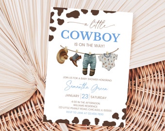 Editable A Little Cowboy Baby Shower Invitation, Wild West Baby Shower Invite, Blue Cowboy Baby Shower Invitation, Rodeo Baby BBS709