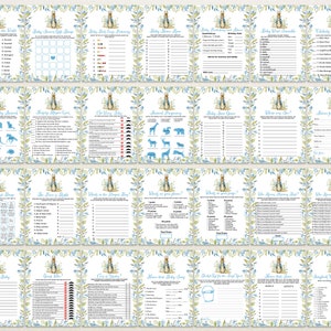 May include: A set of 16 printable baby shower game cards featuring a Peter Rabbit theme. The cards are decorated with blue and green floral designs and feature various games such as "Baby Shower Bingo", "Guess the Baby Food", and "Who Knows Mommy Best".