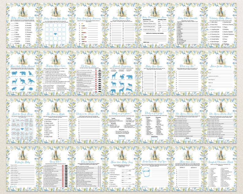 May include: A set of 16 printable baby shower game cards featuring a Peter Rabbit theme. The cards are decorated with blue and green floral designs and feature various games such as "Baby Shower Bingo", "Guess the Baby Food", and "Who Knows Mommy Best".