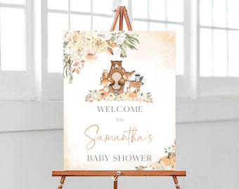May include: Welcome to Samantha's Baby Shower sign with a watercolor illustration of a bear, fox, deer, and owl surrounded by fall leaves and pumpkins.