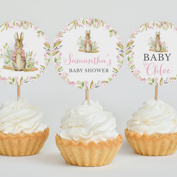 Editable Peter Rabbit Baby Shower Cupcake Topper, Pink Peter Rabbit Baby Shower Cake Topper, Girl Peter Rabbit Decor, BBS300