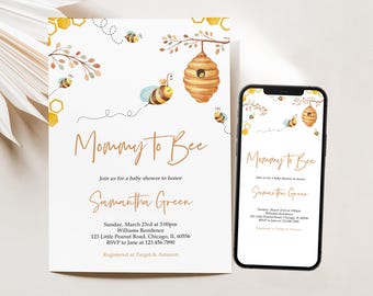 May include: A baby shower invitation with a bee theme. The invitation features a beehive, bees, and honeycomb patterns. The text on the invitation reads "Mommy to Bee" and includes details about the shower, such as the date, time, location, and RSVP information.