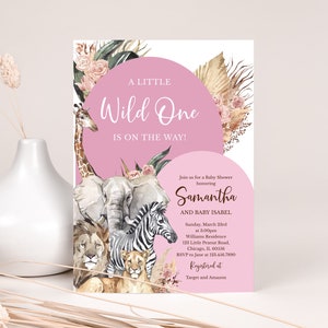 Editable Boho Wild One Girl Baby Shower Invitation, Pink Boho Safari Jungle Baby Shower Invite Pack, Safari Animals Invite, BBS469