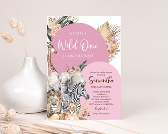 Editable Boho Wild One Girl Baby Shower Invitation, Pink Boho Safari Jungle Baby Shower Invite Pack, Safari Animals Invite, BBS469